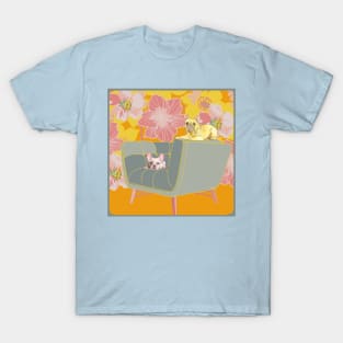 French Bulldogs on a Chair with Floral Design T-Shirt